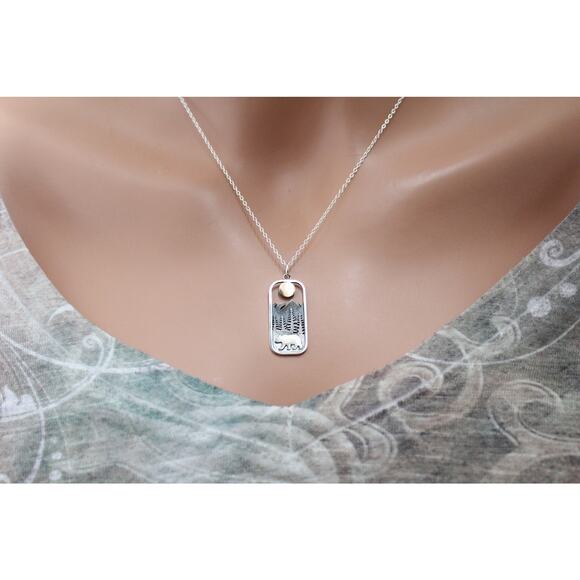 Sterling Silver Rectangle Bear Charm with Bronze Sun Necklace - Picture 3 of 6